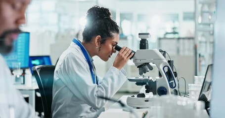 Aufkleber - Woman, lab or microscope for science research or clinical investigation, innovation in healthcare. Female scientist, wellness study and digital technology, check on particles or medical test for drug