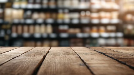 An empty wooden table is prominently displayed in the foreground while the background reveals a grocery store with shelves filled with various products, blending retail and rustic elements.