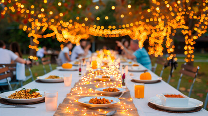 Outdoor autumn dinner party under twinkling lights with festive ambiance. Thanksgiving celebration.