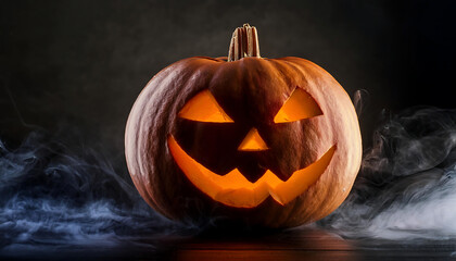 halloween pumpkin scary glowing face dark background thick gray smoke spreading across black table view eve saints