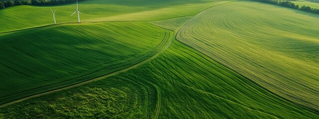 windmills in a green field, aerial view. copy space. green ecology landscape background