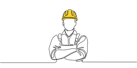 Single continuous line drawing of young construction worker. Building architecture business concept. One line draw design transparent background	