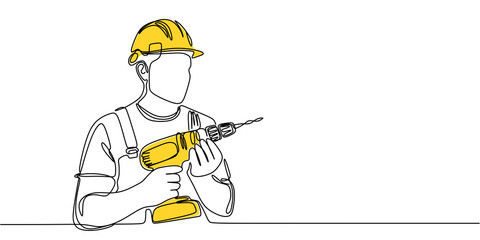 Wall Mural - Single continuous line drawing of young construction worker. with electric drill. One line draw design transparent background