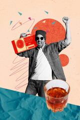 Poster - Vertical poster collage young man celebrate party weekend rejoice whiskey glass beverage audio boombox cassette player music