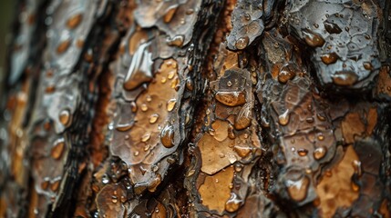 Tree soaked in rain, close-up of wet bark and dripping leaves