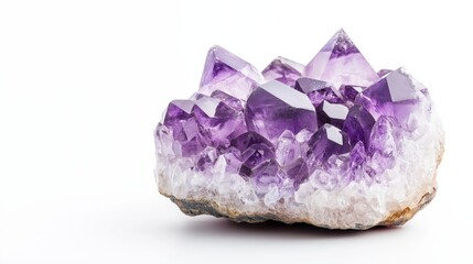 A vibrant purple amethyst crystal with large, clear facets displayed on a white background. Ideal for geology, crystal healing, or gemstone themes.