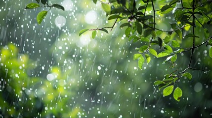 Rainwater cascading down tree branches, creating a blurred background