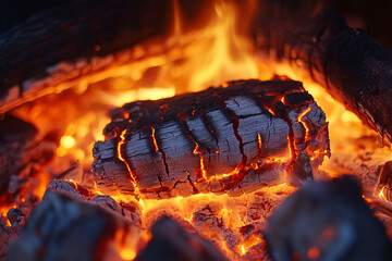 Leinwandbilder - A log is burning in a fire, with the flames licking the bark and the wood