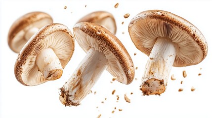 Flying mushrooms, edible mushrooms floating in mid-air  isolated on a white background 