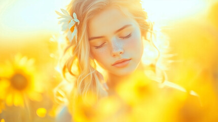 A teenage girl with vibrant, curly hair, standing in a sunlit field of wildflowers4