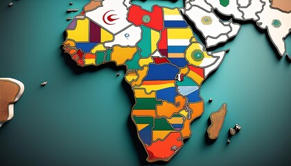 A dimensional map of Africa depicted with each country’s flag overlay