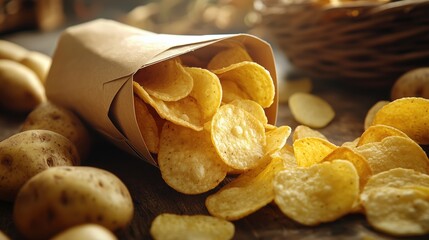 Wall Mural - A bag of potato chips with chips coming out, product photography