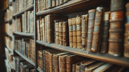 Wall Mural - Antique books on vintage bookshelves in an old library