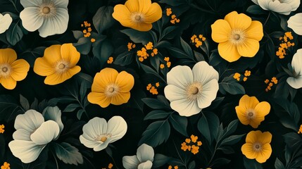 Canvas Print - Seamless floral pattern with white and yellow flowers on dark background