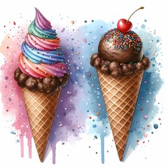 ice cream cone with chocolate ice cream and sprinkles watercolor