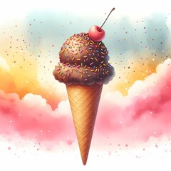 ice cream cone with chocolate ice cream and sprinkles watercolor