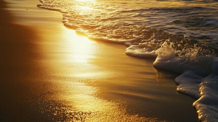 Poster - Golden sunset light reflecting on ocean waves washing beach sand