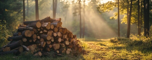 Wall Mural - Pile of firewood illuminating by sunrays in forest