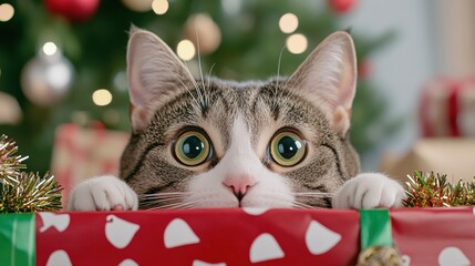 Sticker - A cat peeking out of a christmas present with lights, AI