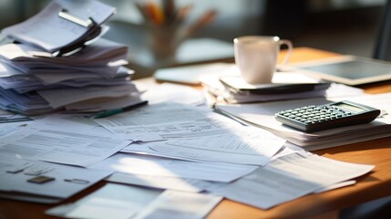 A desk covered with financial reports and contracts, with a calculator and notepad in view