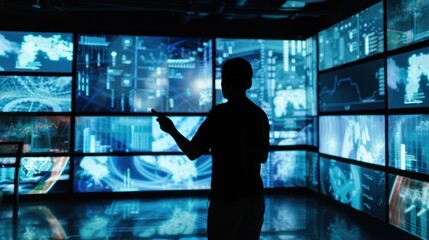 Silhouette of Man in a Room Filled With Screens