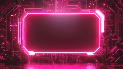 Poster - Pink neon frame glowing over futuristic circuit board background