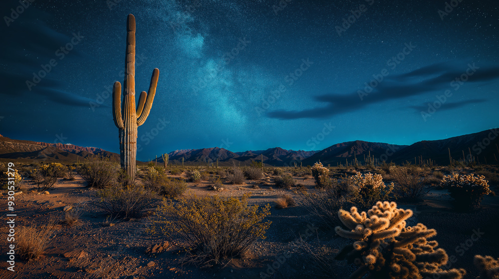 Desert landscape at night with saguaro cactus and milky way galaxy ...