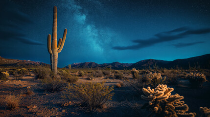 Desert landscape at night with saguaro cactus and milky way galaxy