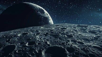 Poster - Cratered moon terrain under starry sky