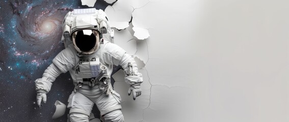 3D astronaut emerging from a cracked wall, with a galaxy visible through the break behind him.