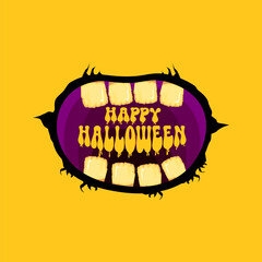 Wall Mural - Vector Happy halloween cartoon greeting card with funny zombie monster open mouth with rotten teeth isolated on orange background. Vector Halloween poster and flyer with funny orange monster mouth.