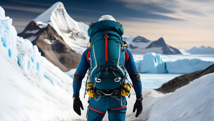 a mountain climber seen from behind against a backdrop of icebergs