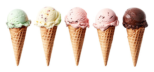 assorted ice cream cones with different flavors on waffle cones, featuring pistachio, vanilla, strawberry, and chocolate, isolated on a transparent background