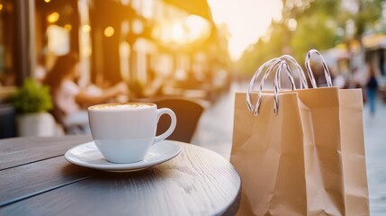 Sticker - A cup of coffee on a table next to brown paper bag, AI