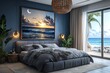 © Georgii - Modern bedroom with blue walls and cozy decor, featuring a framed ocean art piece