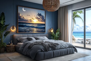 modern bedroom with blue walls and cozy decor, featuring a framed ocean art piece