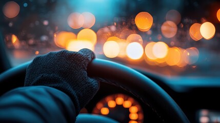 Gloved hand on a car steering wheel as blurred orange city lights are seen outside, depicting a night drive in the city during rainy weather with a mysterious ambiance.