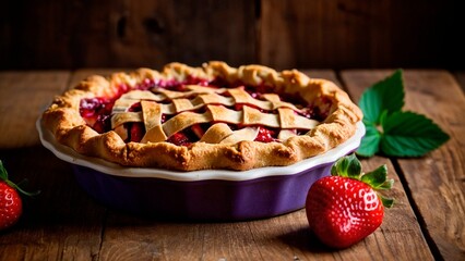 Wall Mural - Beautiful close-up photo of a freshly baked strawberry pie on a purple plate standing on a wooden table surrounded by ripe strawberries. Rustic homemade sweet pastry food photography.