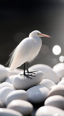 A small white bird stands on a wet black rock, surrounded by smooth pebbles, in the soft light of dawn by the water's edge.