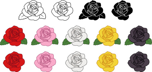 Sticker - Cartoon Rose Flower with and without Leaves Illustration Clipart - Isolated Outline, Silhouette & Red, Pink, Yellow, White and Black Colors