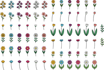 Sticker - Doodle Wildflower Bouquet Builder / Creator Illustration Clipart Set - Isolated Simple Flower