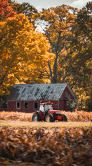 Rural farm scene with red tractor in autumn, surrounded by vibrant fall foliage and a rustic barn in the background. Concept of agriculture, harvest season, countryside life, rural farming. Vertical