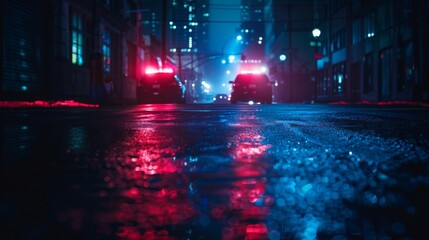 Intense police lights on an empty dark street