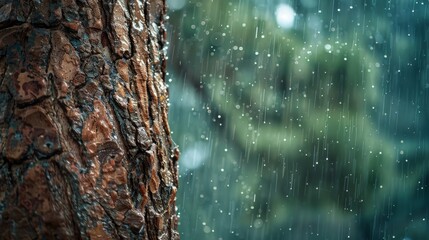 Poster - Intense rainstorm with a tree standing tall, rainwater running down the bark