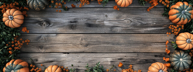 Canvas Print - Empty wooden floor or table made of old oak planks with pumpkins and autumn leaves top view. Halloween or Thanksgiving mock up for design and product display