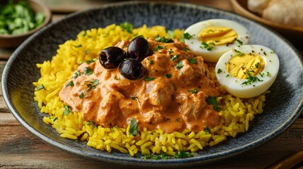 Wall Mural - Plated dish of Aji de Gallina, featuring tender shredded chicken drenched in a creamy yellow pepper sauce. 