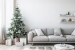 © PinkiePie - A modern, minimalist living room with a simple, white Christmas tree adorned with monochrome decorations