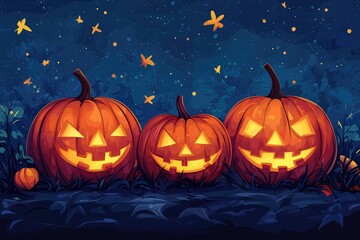 Illuminated Halloween pumpkins with carved faces in dark night