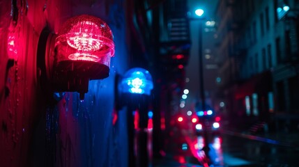 Poster - Red and blue flashing police lights illuminating a dark street