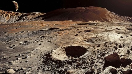 Rocky moon surface with craters and dusty landscape